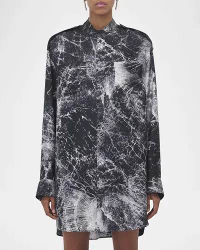 Alexander Mcqueen Smashed Screen Print Button Down Shirting Mini Dress In Black