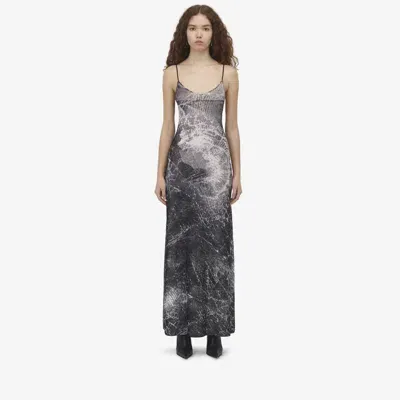 Alexander Mcqueen Smashed Screen Slip Dress In Ivory/black