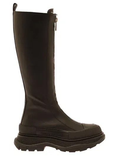 Alexander Mcqueen Tread Slick Black Boots With Embossed Logo And Chunky Platform In Leather Woman