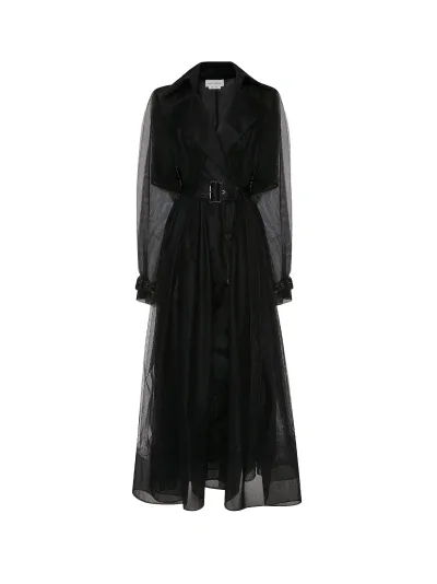 Alexander Mcqueen Belted Waist Tulle Trench Coat In Black