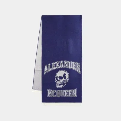 Alexander Mcqueen Varsity Skull Logo Scarf In Blue