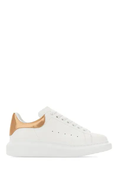 Alexander Mcqueen White Leather Sneakers With Yellow Gold Leather Heel In White Rose Gold