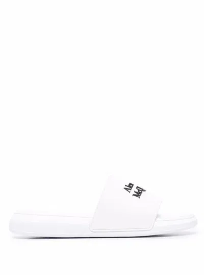 Alexander Mcqueen White Logo Pool Slides In Rubber