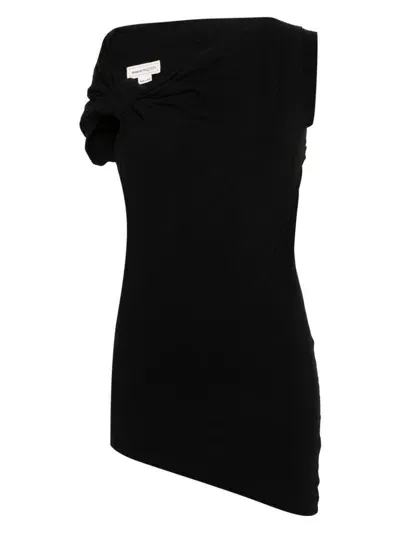 Alexander Mcqueen Asymmetric Bow-detailed Embroidered Stretch-cotton Jersey Top In Black