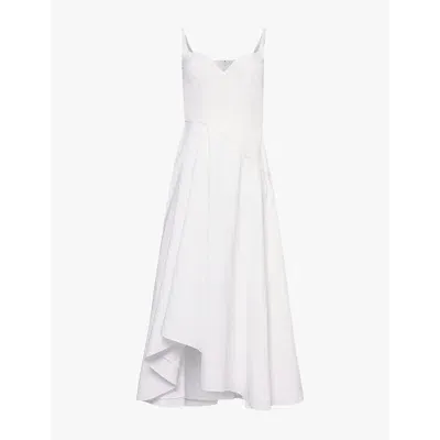 Alexander Mcqueen Womens Opticalwhite Asymmetric Sweetheart-neck Cotton-poplin Midi Dress