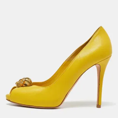 Pre-owned Alexander Mcqueen Yellow Leather Embellished Skull Peep Toe Pumps Size 38