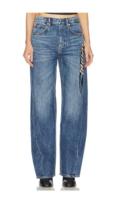 Alexander Wang Balloon Jean Embroidered Logo In Tumbled Medium Indigo