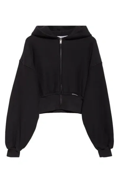 Alexander Wang Crop Front Zip Cotton Hoodie In 020a Faded Black