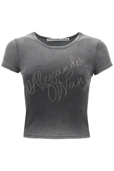 Alexander Wang Embellished Fitted Cotton T-shirt In Grey