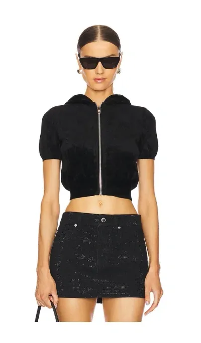 Alexander Wang Short Sleeve Cropped Zip Hoodie In Black