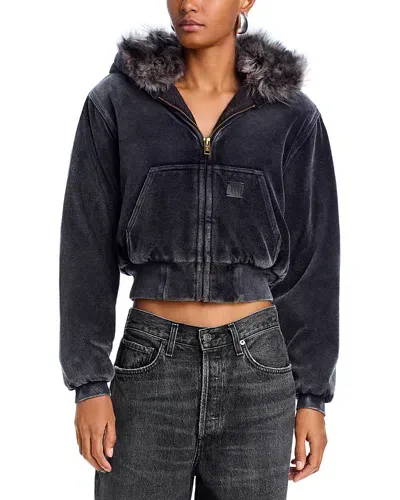 Alexander Wang T Alexanderwang. T Faux Fur Trim Cropped Hoodie In Washed Slate