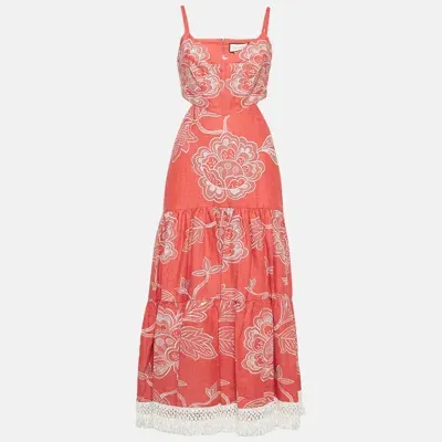 Pre-owned Alexis Coral Orange Embroidered Cotton Midi Dress S