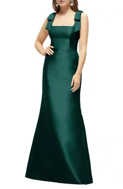 Alfred Sung Bow Strap Satin Twill Trumpet Gown In Evergreen