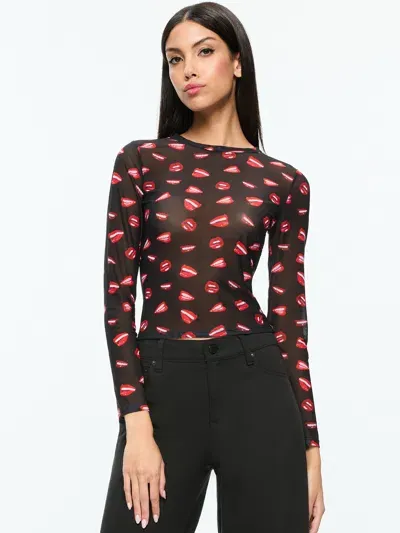 Alice And Olivia A+o X Tom Wesselmann Delaina Mesh Long Sleeve Top In Black Print