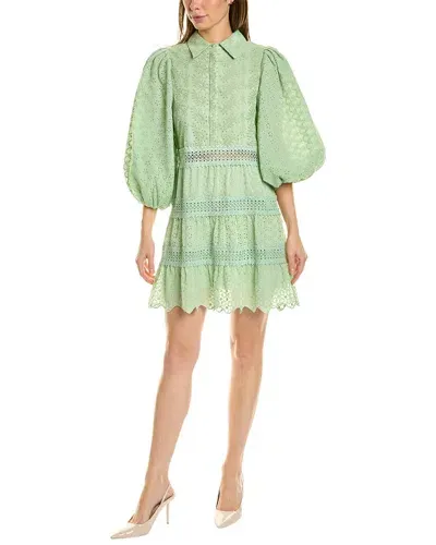 Alice And Olivia Blakesley Balloon-sleeve Embroidered Mini Dress In Pistachio