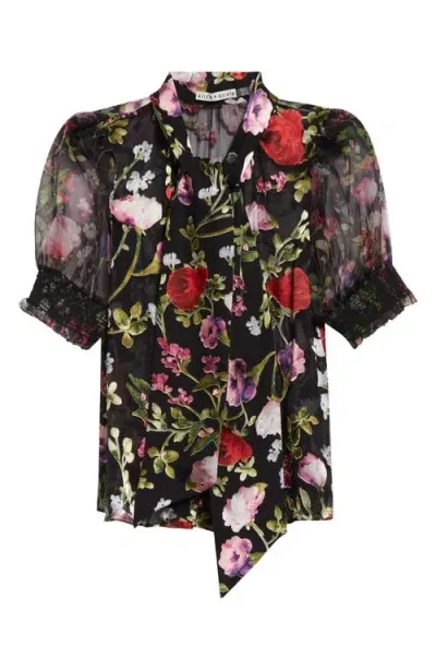 Alice And Olivia Brentley Tie Neck Puff Sleeve Blouse In Floral Dream