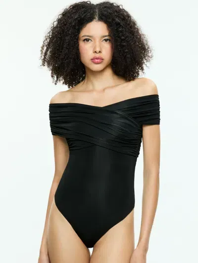 Alice And Olivia Averne Off The Shoulder Cross Bodysuit In Black