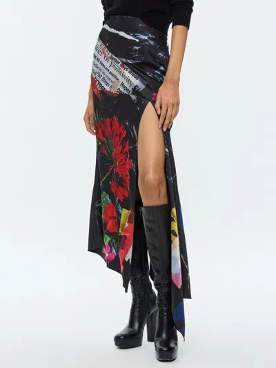 Alice And Olivia Ayla Asymmetric High Slit Midi Skirt In Black Floral