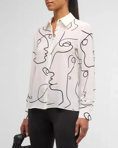 Alice And Olivia Brady Slim Button-front Silk Shirt In White Multi