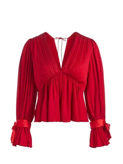 Alice And Olivia Clarissa Deep V Blouse In Bright Ruby