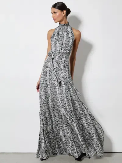 Alice And Olivia Dita Smocked Neck Godet Maxi Dress In Python Black