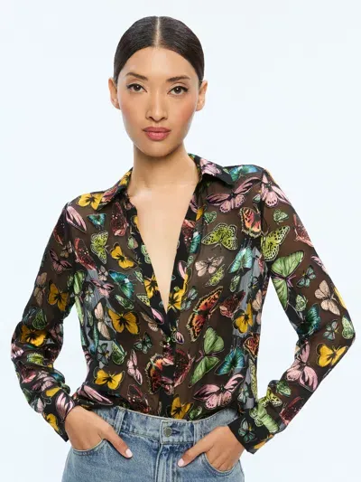 Alice And Olivia Eloise Button Down Blouse In Boundless Butterfly Black