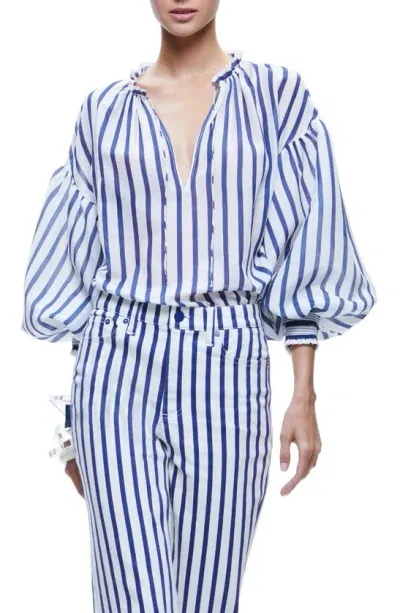 Alice And Olivia Striped Balloon-sleeve Blouse In Admiral Stripe Indigo