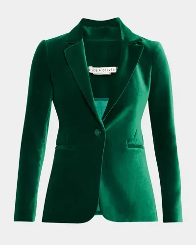 Alice And Olivia Macey Notch-collar Fitted Velvet Blazer In Forest Green