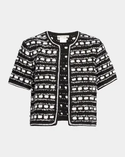 Alice And Olivia Marjorie Textured Tweed Stitch Short-sleeve Cardigan In Blacksoft White