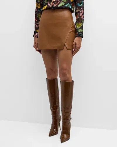 Alice And Olivia Siobhan Vegan Leather Wrap Mini Skirt In Camel