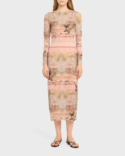 Alice And Olivia Versailles Delora Long-sleeve Ankle-length Dress In Beige