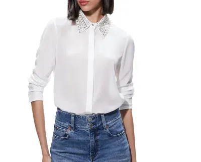 Alice And Olivia Willa Embellished Silk Placket Top In Off White