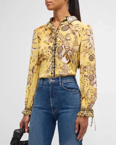 Alice And Olivia Willa Printed Crepe Tie-sleeve Blouse In Lisboa Lemon Meringue