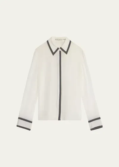 Alice And Olivia Willa Silk Placket Top With Piping Detail In Off Whiteblack