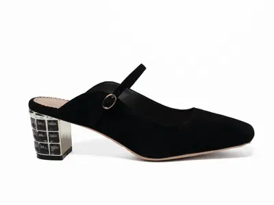 Allegra James Women's Lola Black Suede Square Toe Evening Mule With Chunky Rhinestone Heel