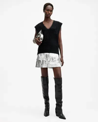 Allsaints Aisha Metallic Tassel Mini Skirt In Silver