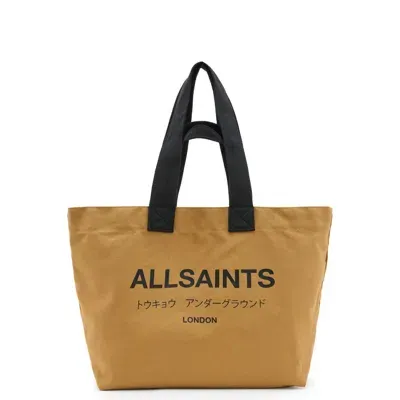 Allsaints Ali Logo Cotton Canvas East/west Tote In Palisade Tan/black