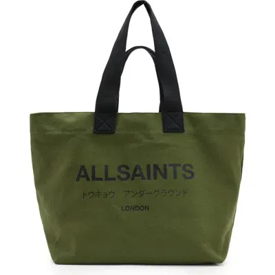 Allsaints Ali Logo Cotton Canvas East/west Tote In Tarmac Green