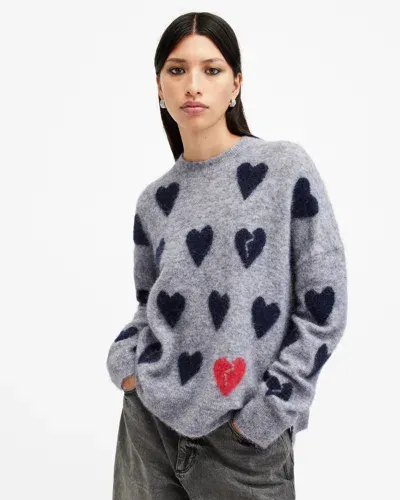 Allsaints Amora Love Heart Jacquard Brushed Sweater In Grey Marl/ink Blue