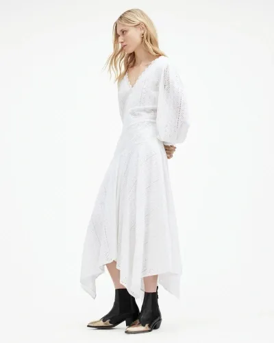 Allsaints Aviana V-neck Broderie Maxi Dress In Off White