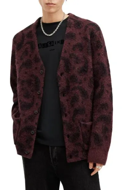 Allsaints Bancat Paisley Jacquard Regular Fit Cardigan In Winehouse Red