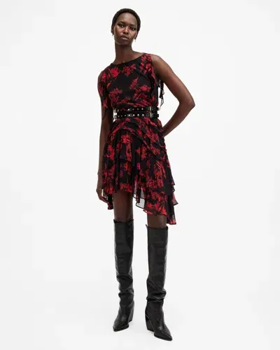 Allsaints Callie Slash Neck Floral Mini Dress In Maria Siren Red