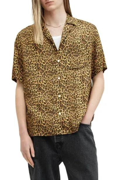 Allsaints Carcle Oversize Leopard Print Camp Shirt In Blink Taupe