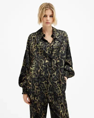 Allsaints Charli Silk Blend Animal Print Shirt In Jinx Golden Brown