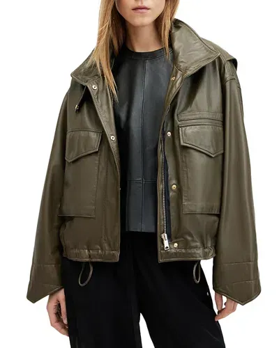 Allsaints Clay Leather Jacket In Khaki Green