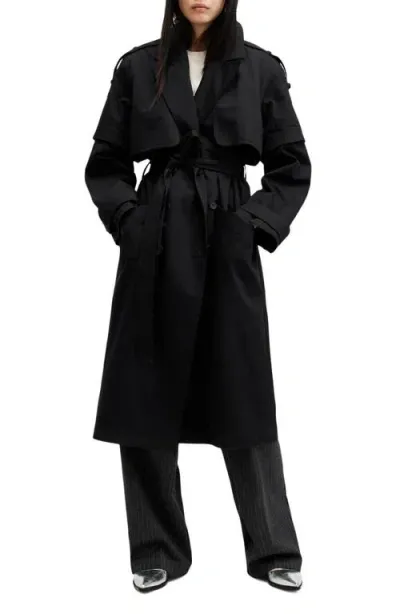 Allsaints Clyde Double Breasted Trench Coat In Black