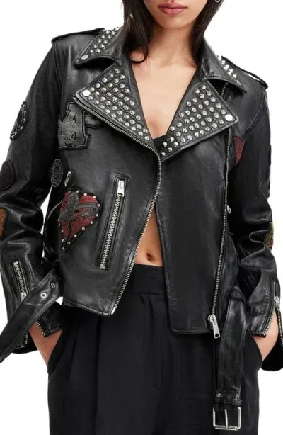 Allsaints College Stud Detail Leather Biker Jacket In Black