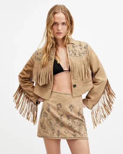 Allsaints Corinna Shai Embellished Suede Blazer In Tan Brown