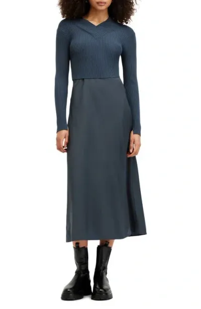 Allsaints Hana Two-piece Crop Rib Sweater & Satin Slipdress In Midnight Blue