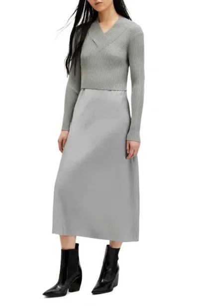 Allsaints Hana Two-piece Crop Rib Sweater & Satin Slipdress In Ultimate Grey